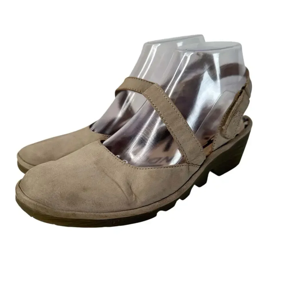 Fly London Pele Taupe Slingback Shoes Closed Toe Mary Jane Leather EU 38 Work